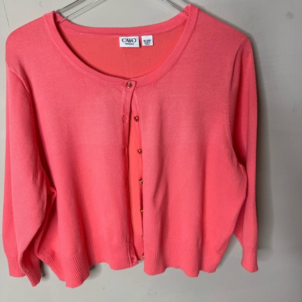 Cato Woman's Neon Coral Melon Rayon Knit Gem Button Up 3/4 Cardigan Plus 18/20W